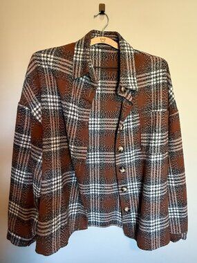 PinchMe Plaid Button Front Jacket Shirt Brown Black Cream Size Large